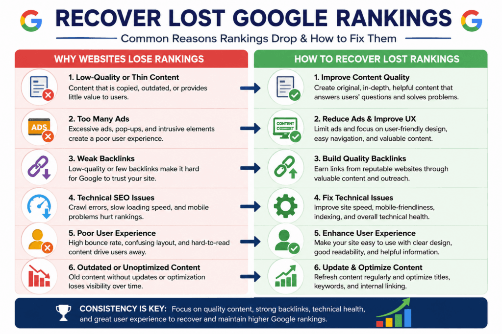Infographic displaying practical steps to recover lost Google search rankings