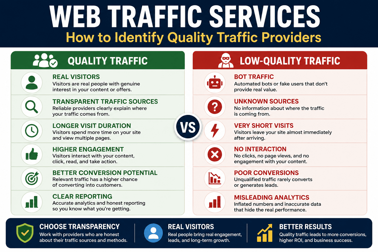 Web Traffic Services: 7 Smart Tips to Avoid Bad Traffic 1 Infographic displaying 7 tips for choosing web traffic services and avoiding low quality traffic
