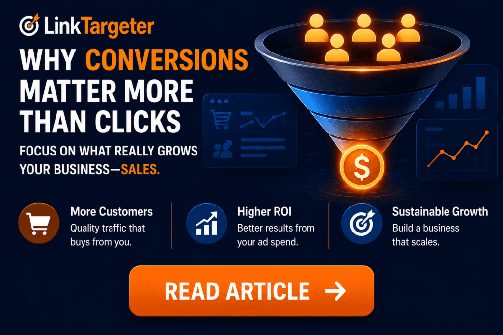 Illustration showing why conversions matter more than clicks using targeted website advertising to increase sales, ROI, and business growth