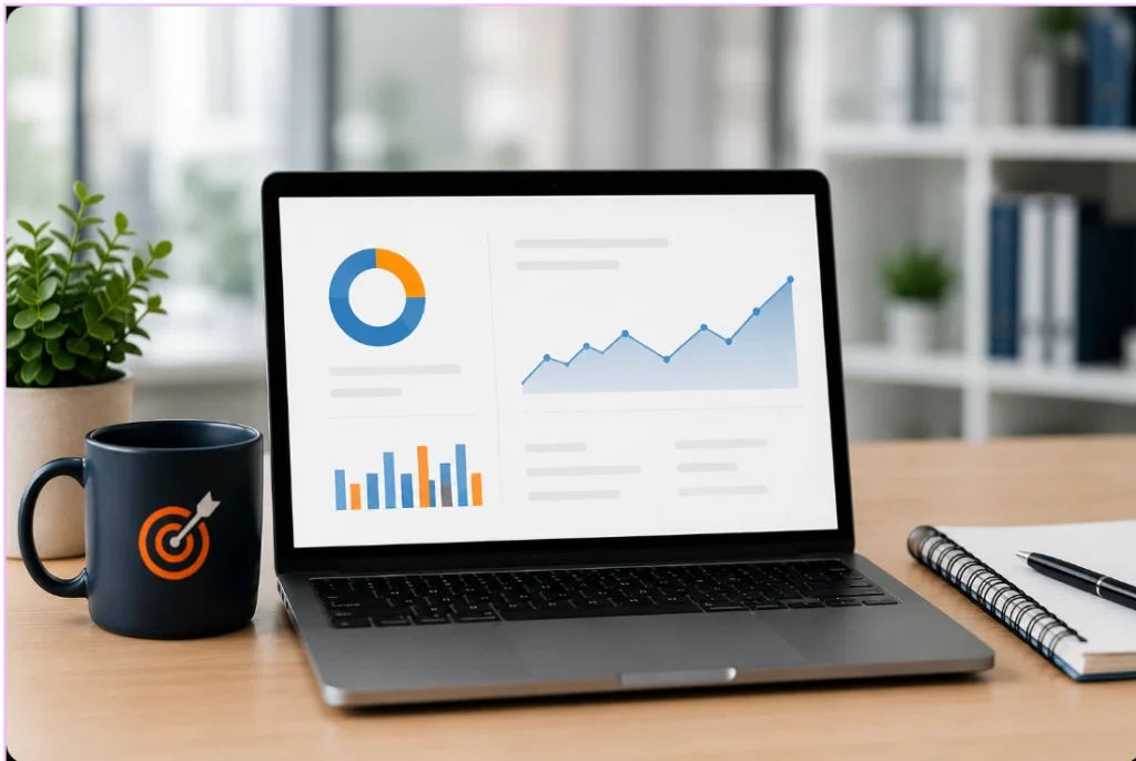 LinkTargeter reviews analytics dashboard displayed on a laptop