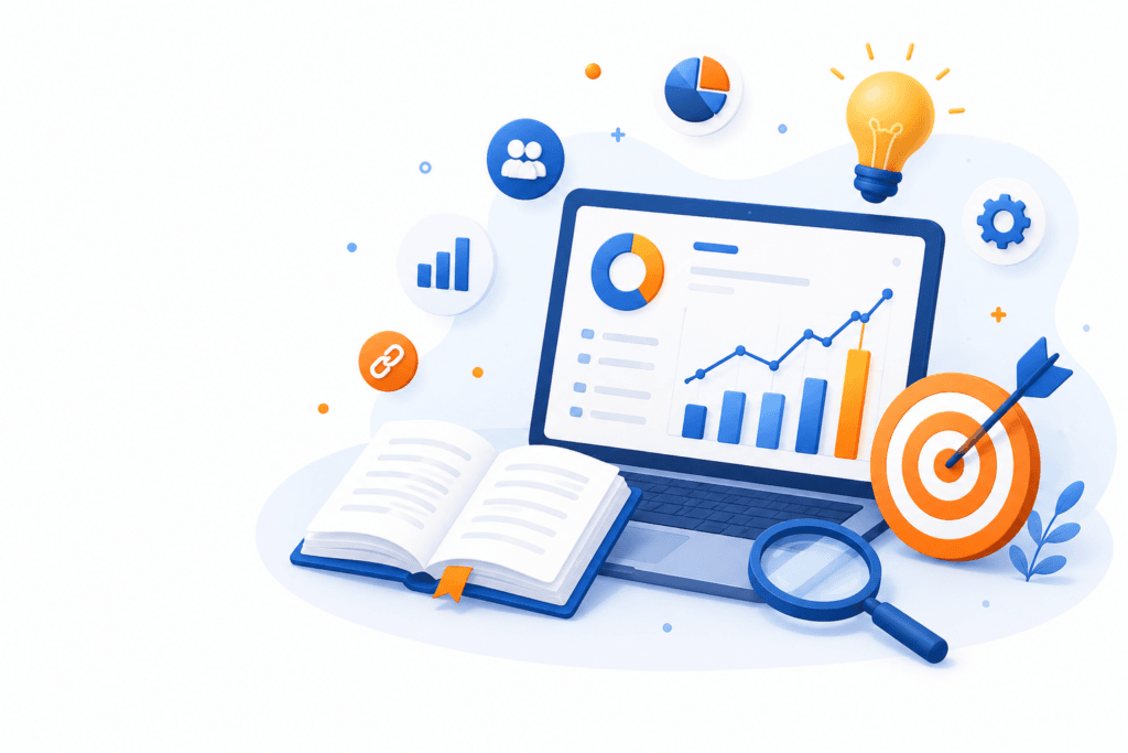 Resource center illustration with analytics dashboard, open guide, target, and SEO research tools.