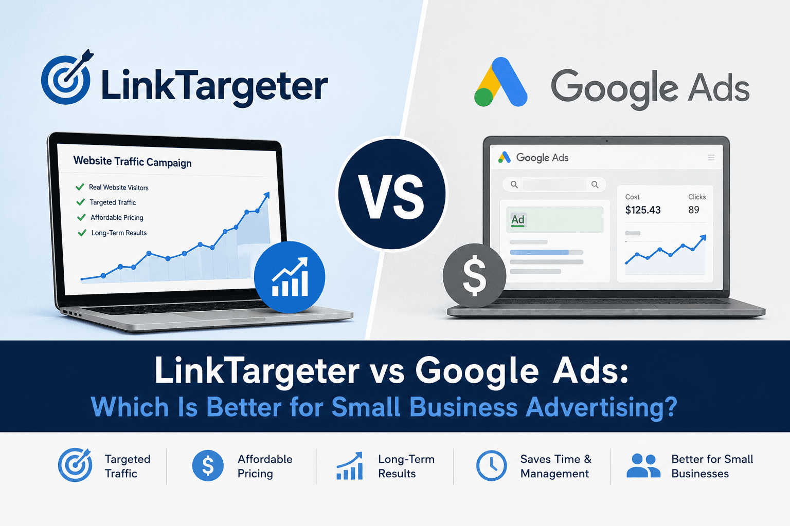 LinkTargeter vs Google Ads: Which Is Better for Small Business Advertising? 1 Comparison graphic showing LinkTargeter and Google Ads features for small business advertising