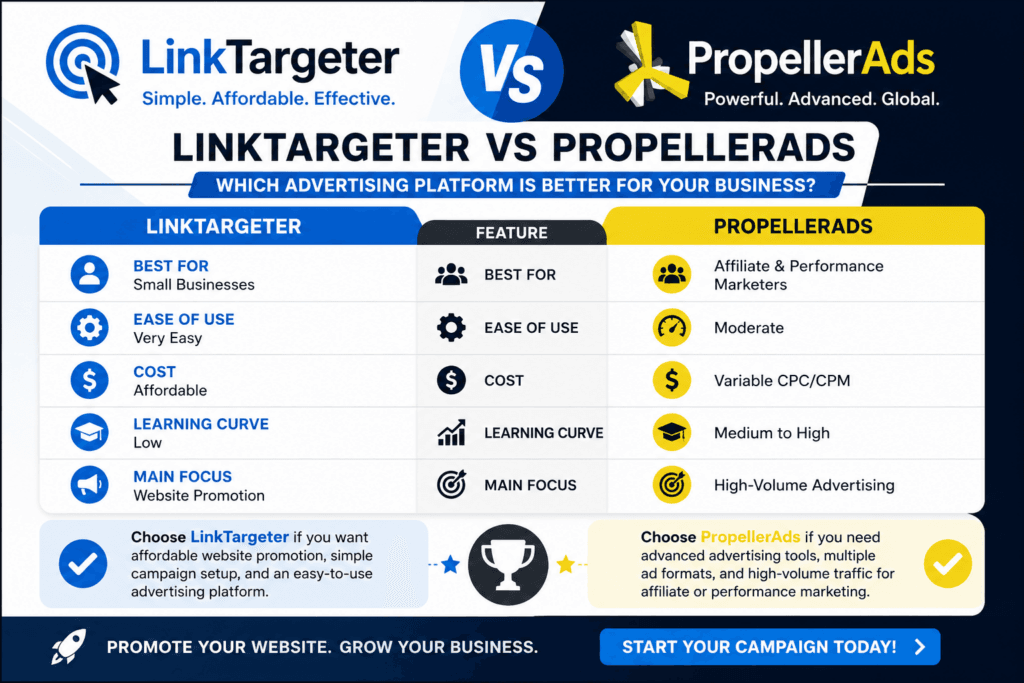 Side-by-side platform comparison of LinkTargeter vs PropellerAds features