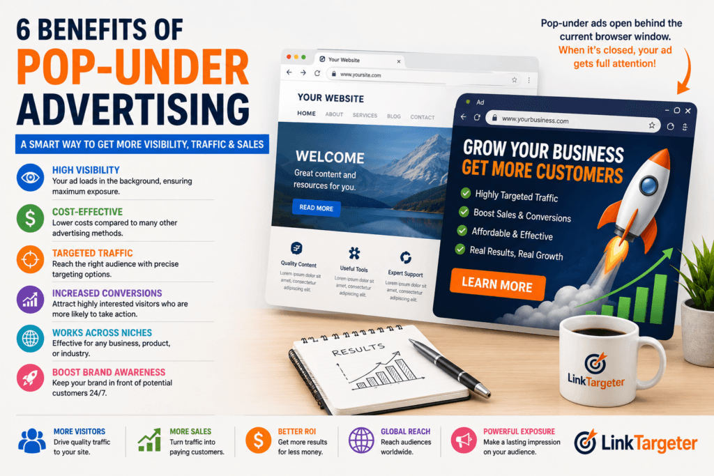 Infographic illustrating the top 6 benefits of pop-under advertising for online growth