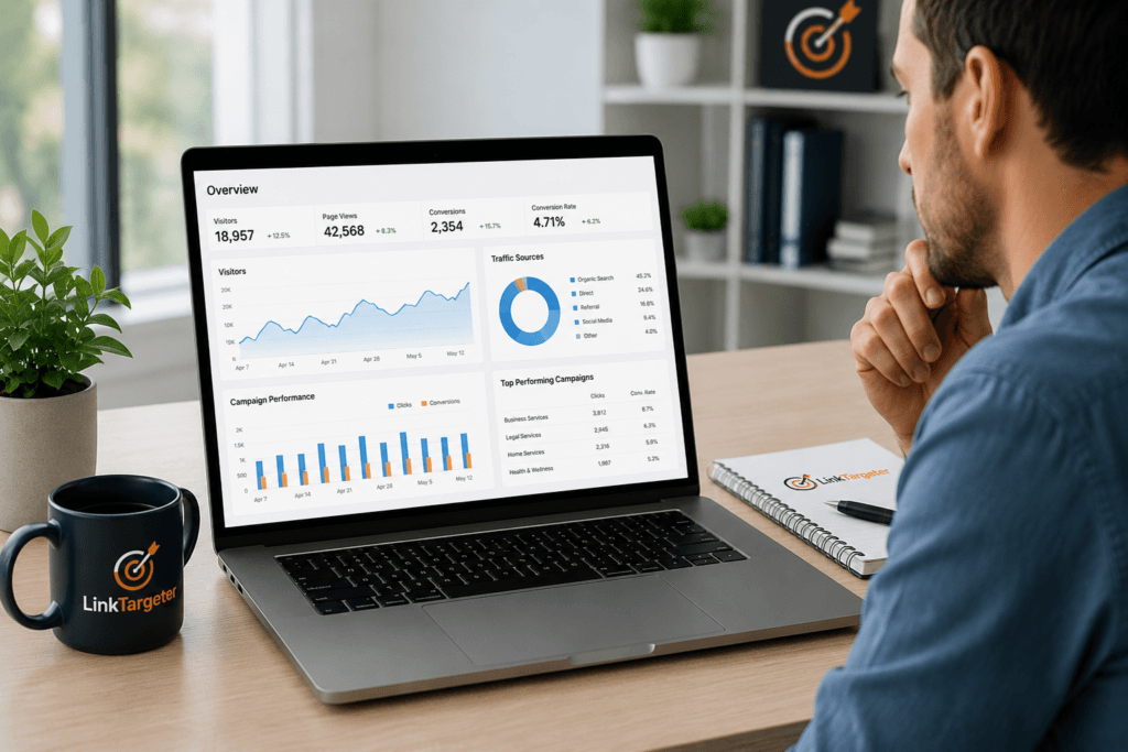 Business owner reviewing Targeted Website Advertising FAQ campaign performance and website traffic analytics.